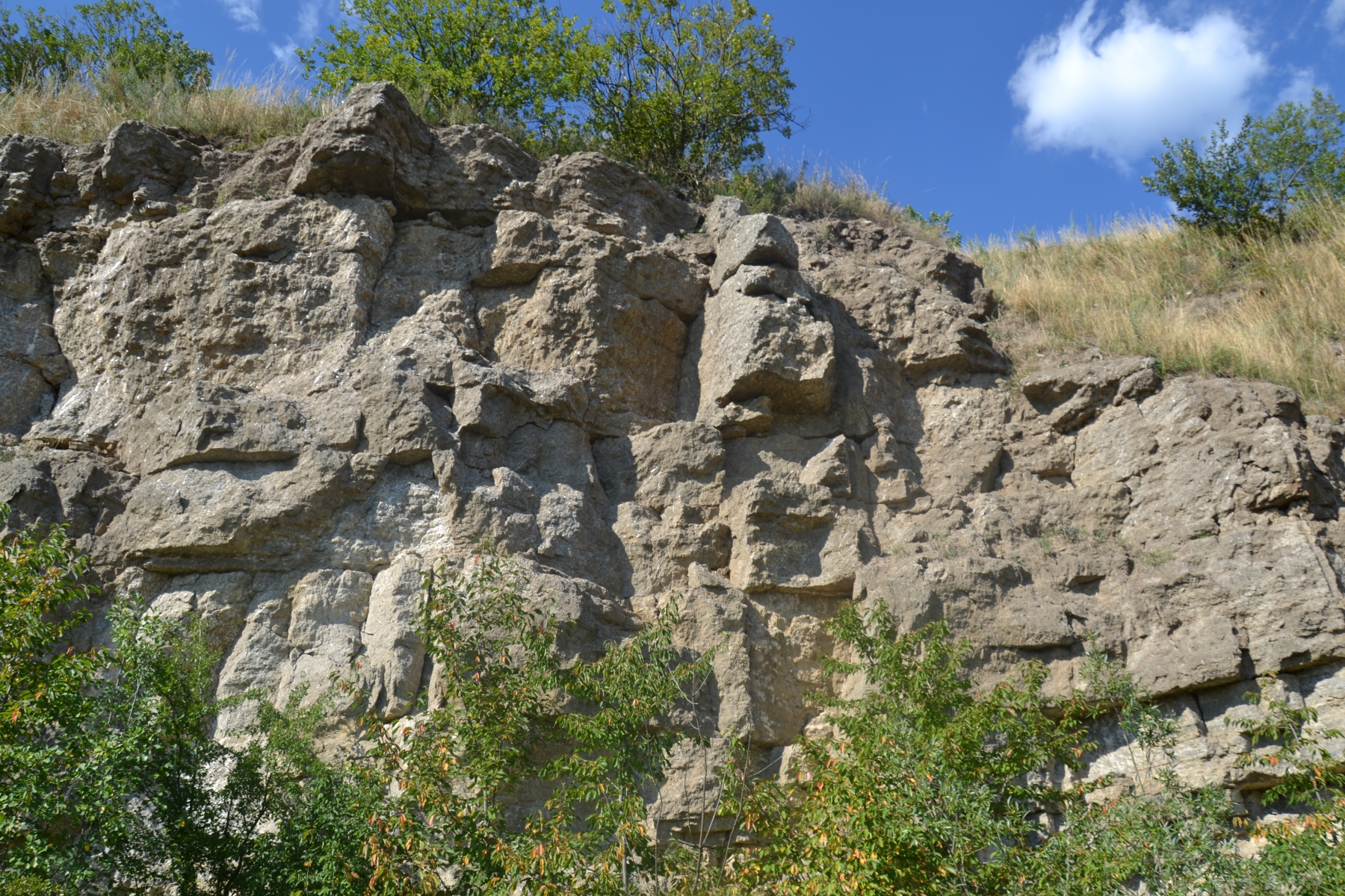Północna ściana kamieniołomu z widocznymi facjami pierwotnych gipsów